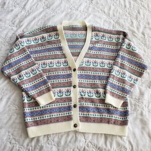 Vintage Fair Isle Cardigan Sweater Floral Nordic Knit Button Up Women’s M/L